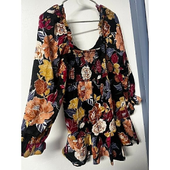 BAND OF THE FREE BLACK FLORAL LONG SLEEVE MINI BOHO DRESS, SQUARE NECK, SIZE LRG - Picture 9 of 10